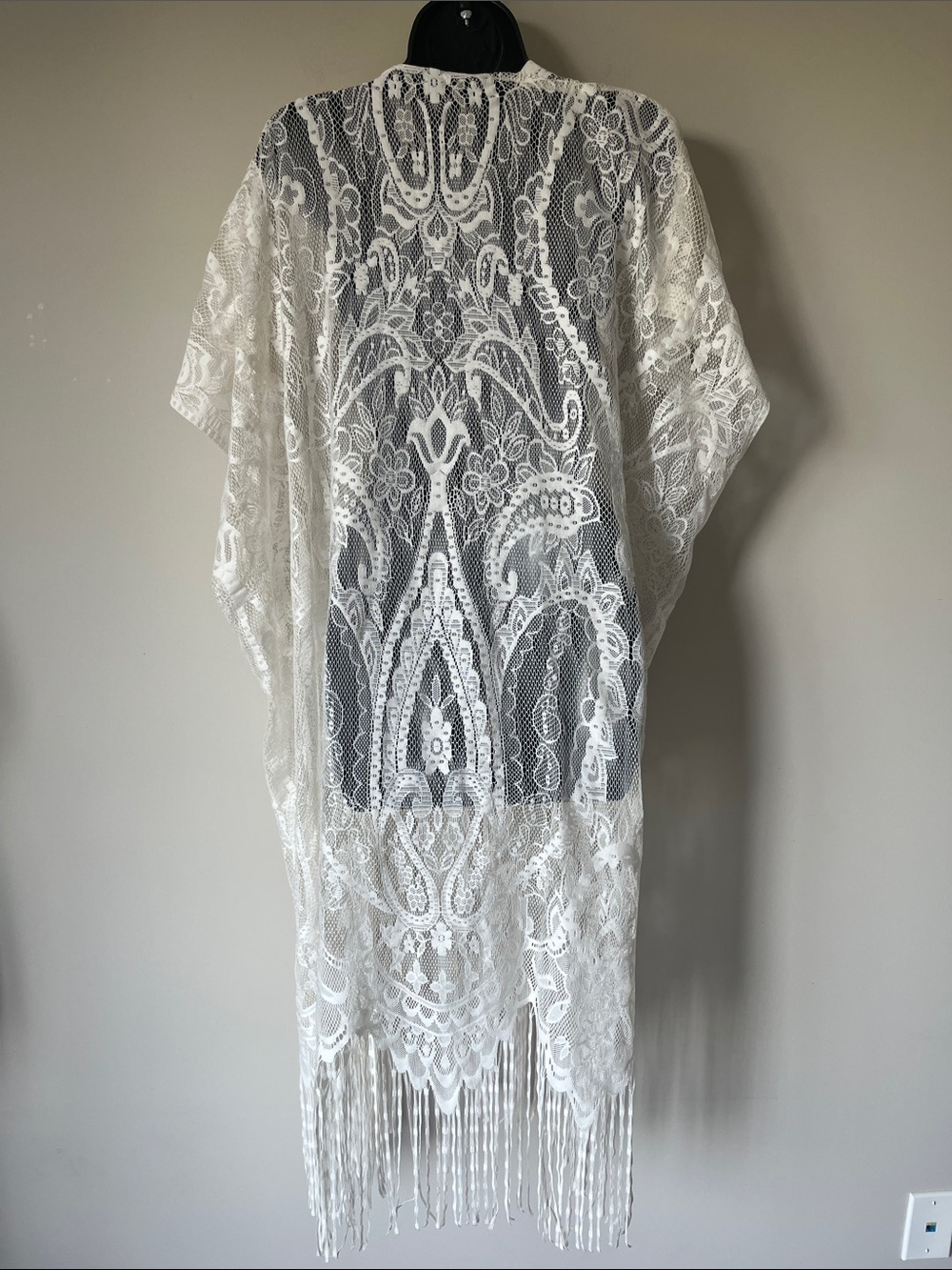 Ivory Sheer Floral Lace Fringe Kimono Duster Beach Cover-Up Onesize - Picture 5 of 8